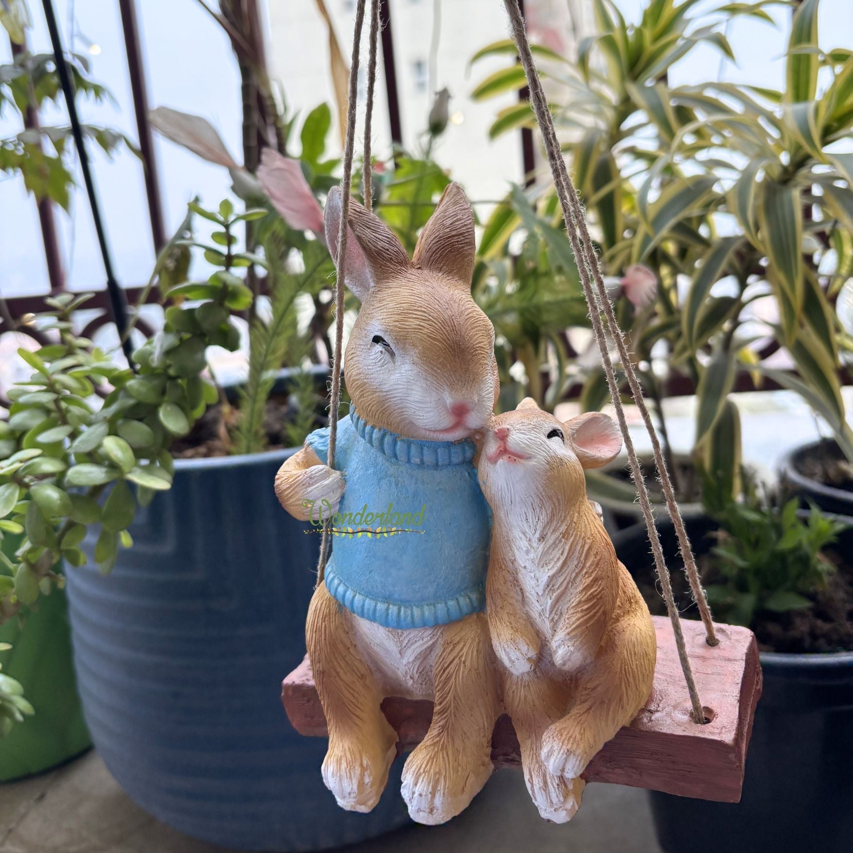 Hanging Garden Bunny Statue – Hand-Painted Rabbit Mother and Baby on Swing