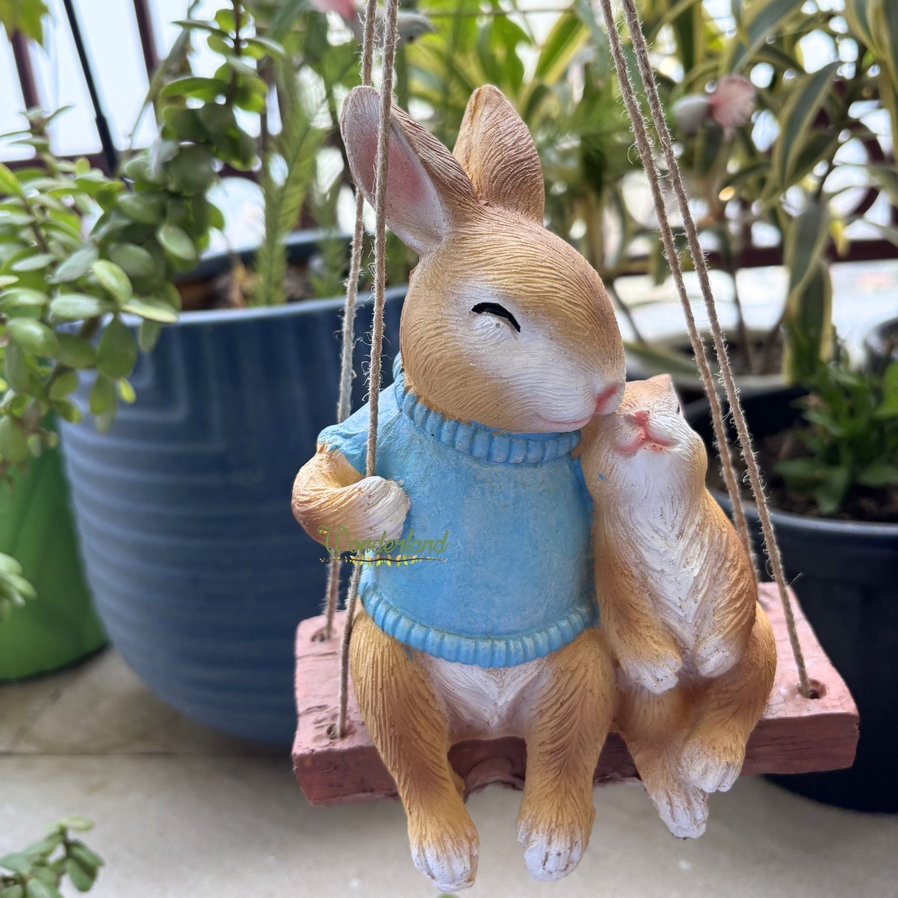 Hanging Garden Bunny Statue – Hand-Painted Rabbit Mother and Baby on Swing