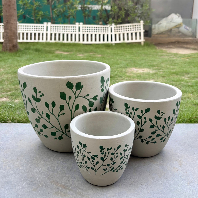 Hand-Painted Botanical Terracotta Planter Set – Set of 3 Cream & Green Leaf Pattern Decorative Pots for Indoor & Outdoor Plants