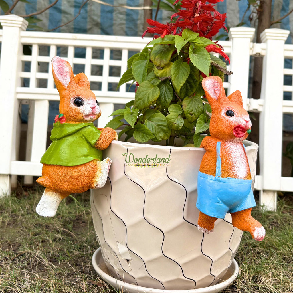 Climbing Bunny Garden Pot Hangers - Set of 2 Resin Rabbit Ornaments