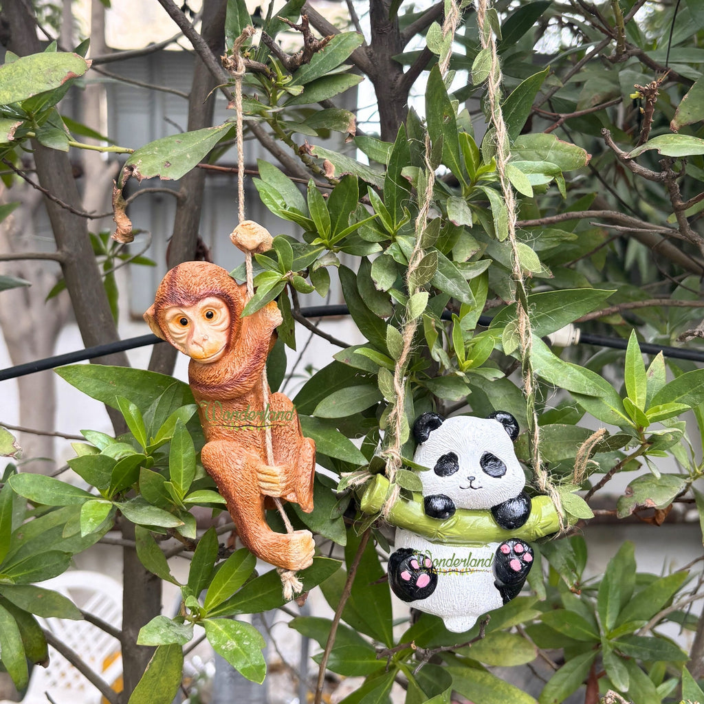 Hanging Garden Statue Set – Panda on Swing & Hanging Monkey Figurines