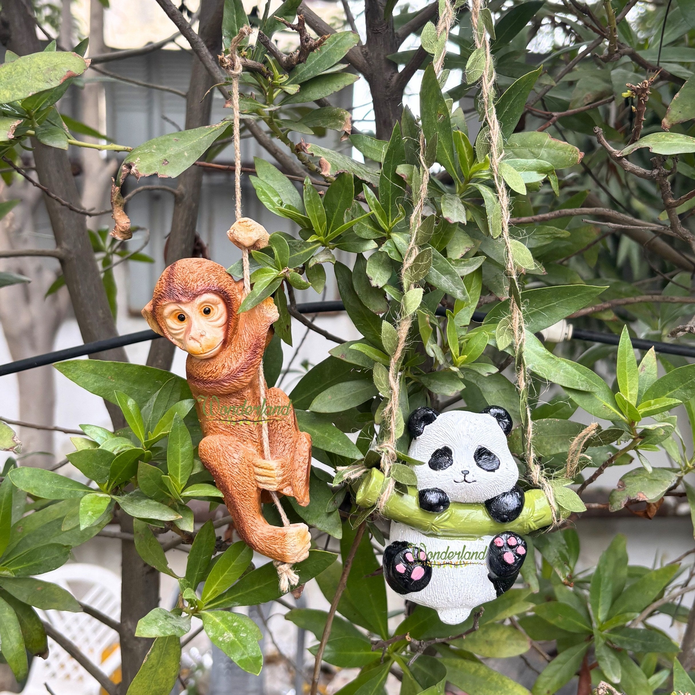 Hanging Garden Statue Set – Panda on Swing & Hanging Monkey Figurines