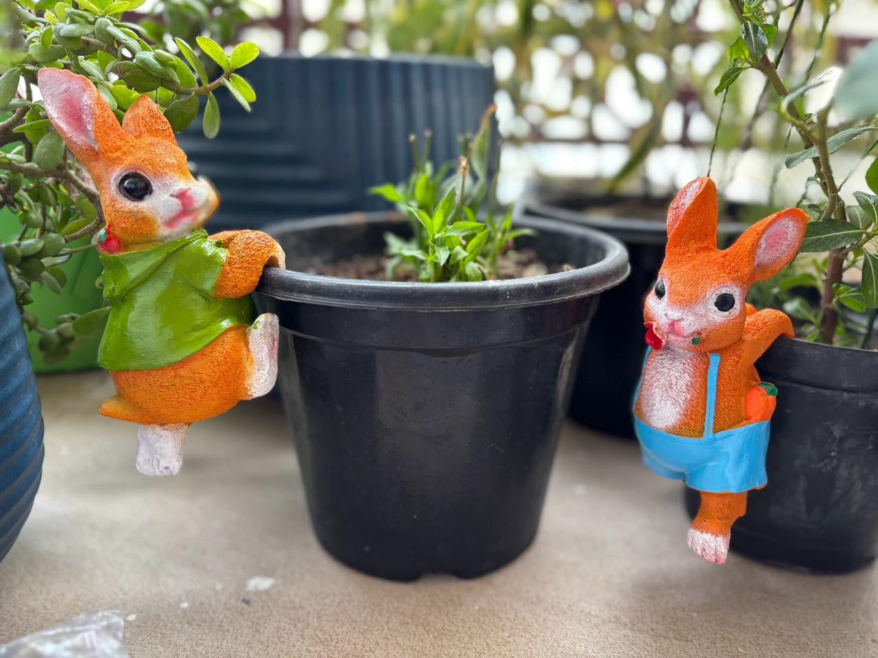 Climbing Bunny Garden Pot Hangers - Set of 2 Resin Rabbit Ornaments
