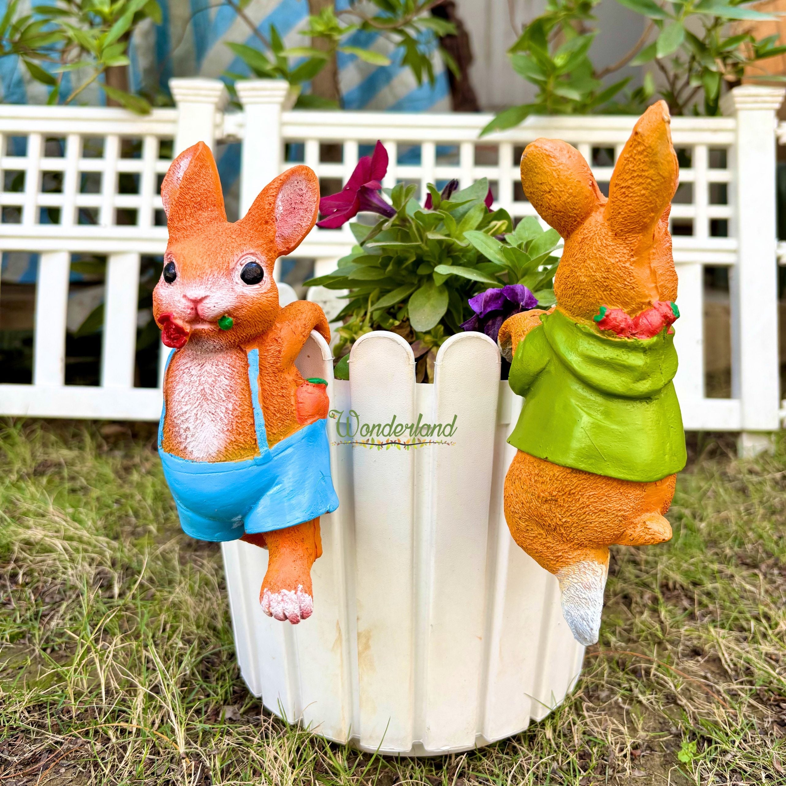 Climbing Bunny Garden Pot Hangers - Set of 2 Resin Rabbit Ornaments