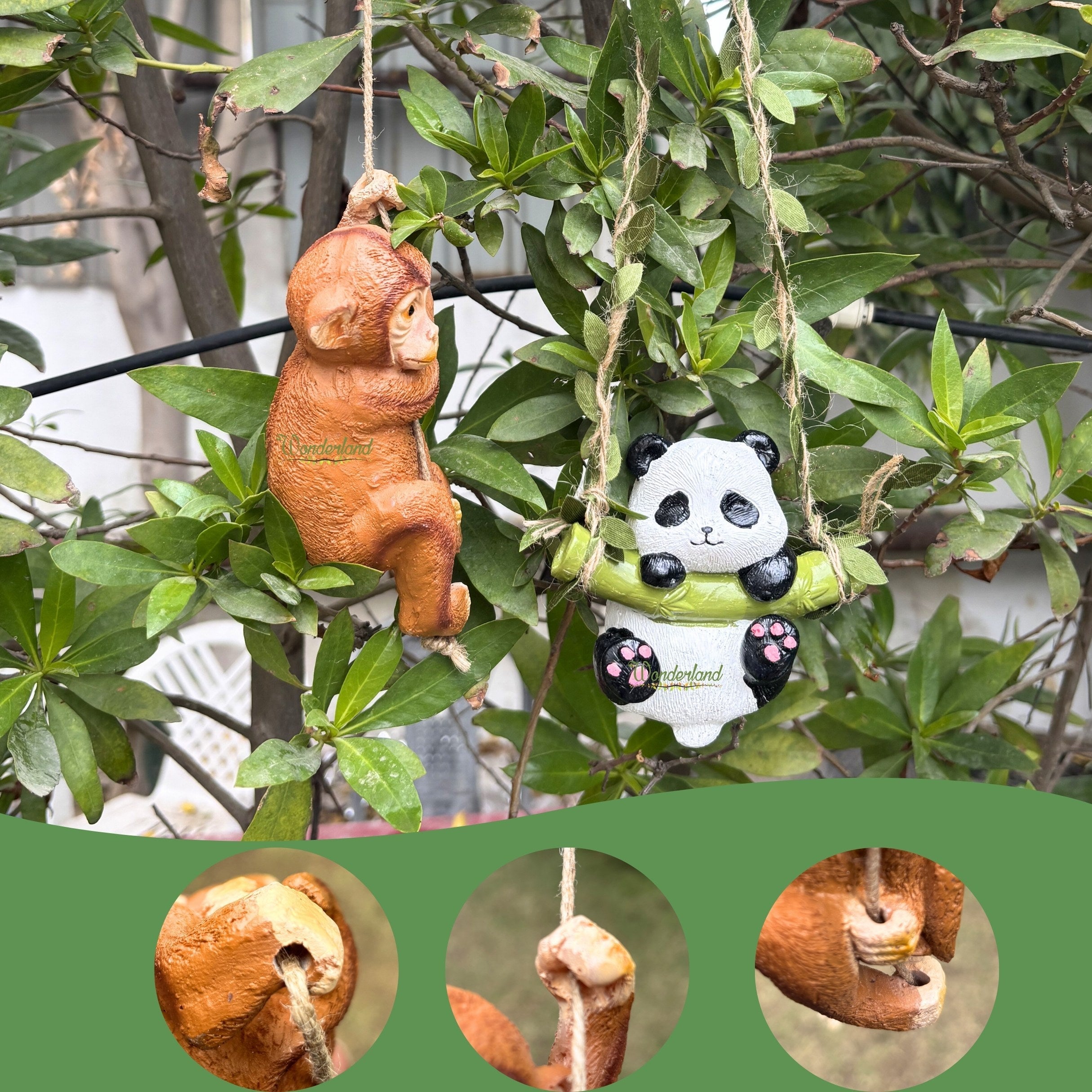 Hanging Garden Statue Set – Panda on Swing & Hanging Monkey Figurines