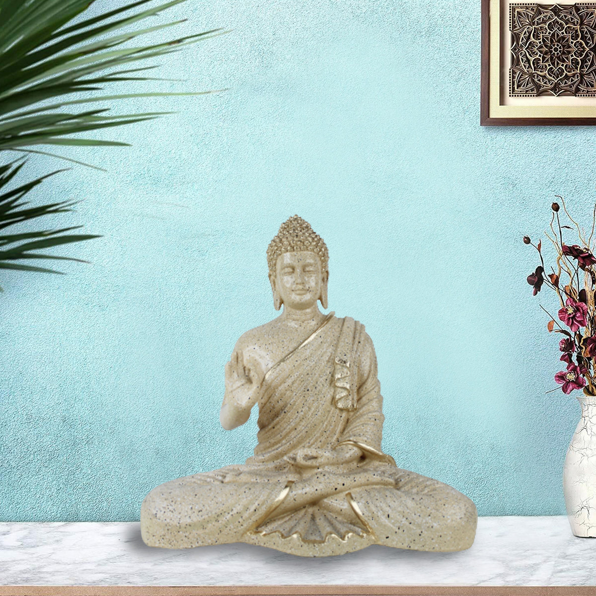 14 inches Buddha Statue for Home Decoration (Marble Beige)