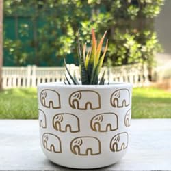 terracotta Pot - Elephant Print - Cute Plant Pot - For Indoor/Outdoor Decor, For Plants, Flowers, And Herbs (White)