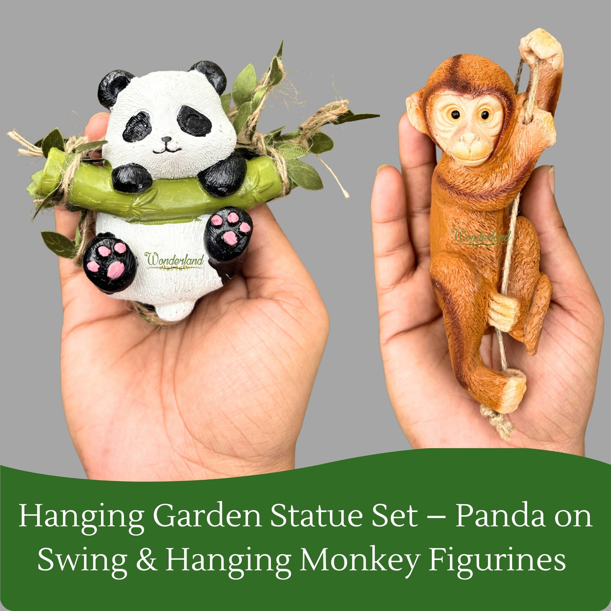 Hanging Garden Statue Set – Panda on Swing & Hanging Monkey Figurines