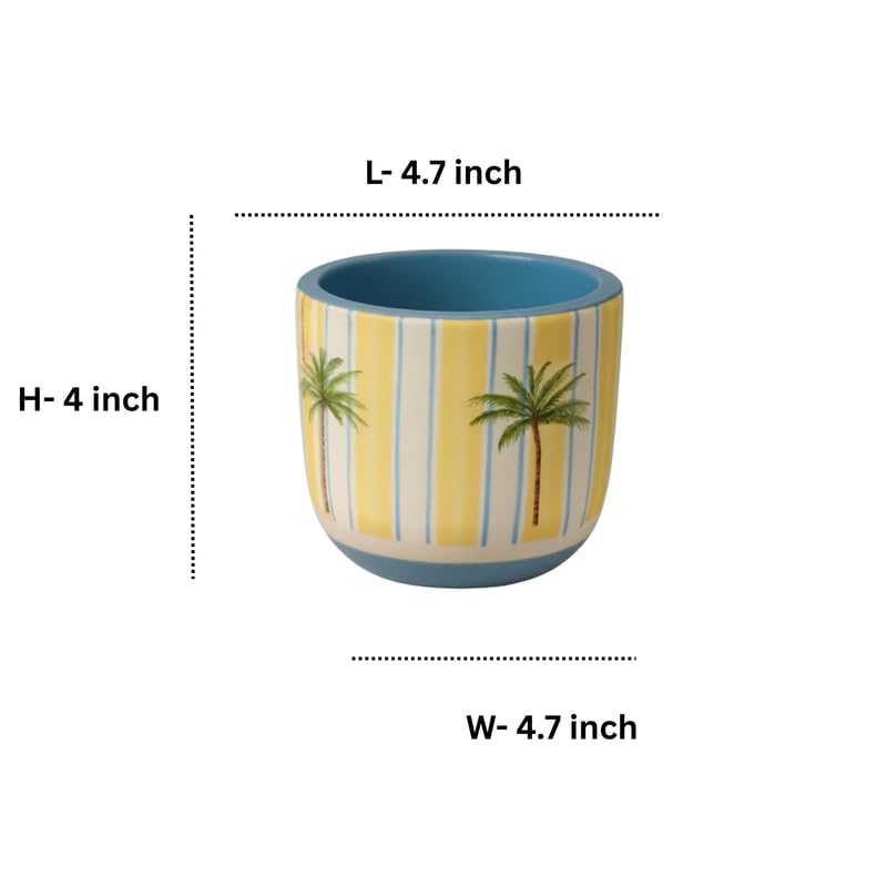 Hand-Painted Tropical Palm Terracotta Planter – 4-Inch Striped Coastal Indoor Pot for Succulents and Cacti – Blue & Yellow