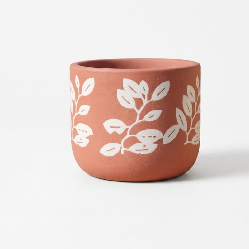 4.3-Inch Hand-Painted Terracotta Planter - White Leaf Botanical Cylinder Pot for Succulents, Cacti, and Modern Home Decor