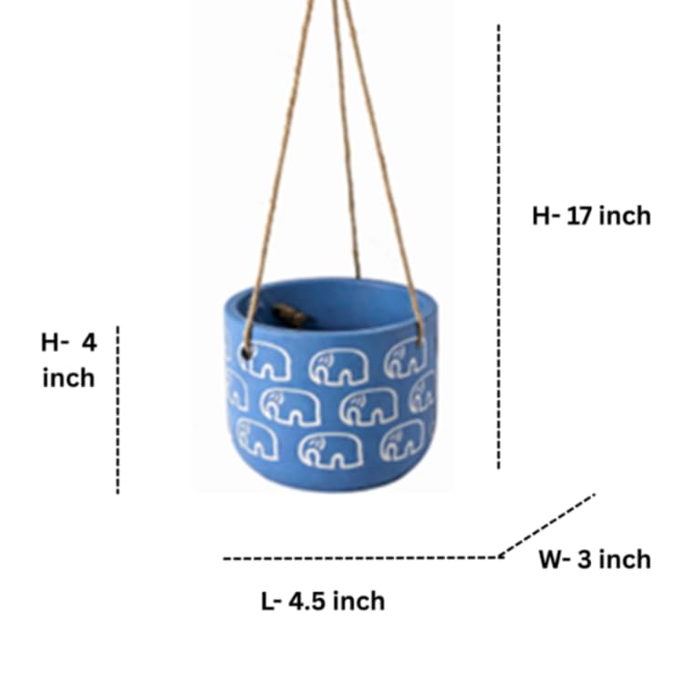 Elephant Motif Blue Terracotta Hanging Planter – Small Decorative Succulent Pot