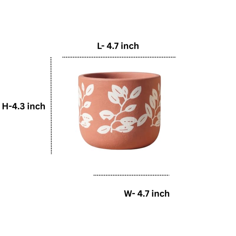 4.3-Inch Hand-Painted Terracotta Planter - White Leaf Botanical Cylinder Pot for Succulents, Cacti, and Modern Home Decor