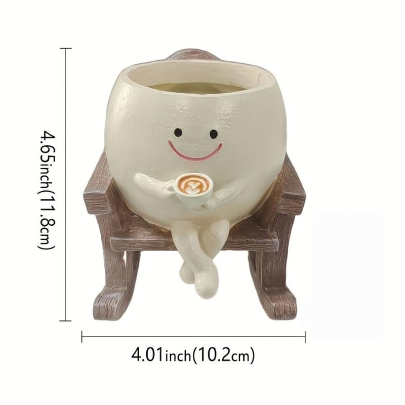 Wonderland Whimsical Smiling Sitting Rocking Chair Planter – Cute Face Flower Pot with Coffee Cup Accent for Succulents and Small Plants-