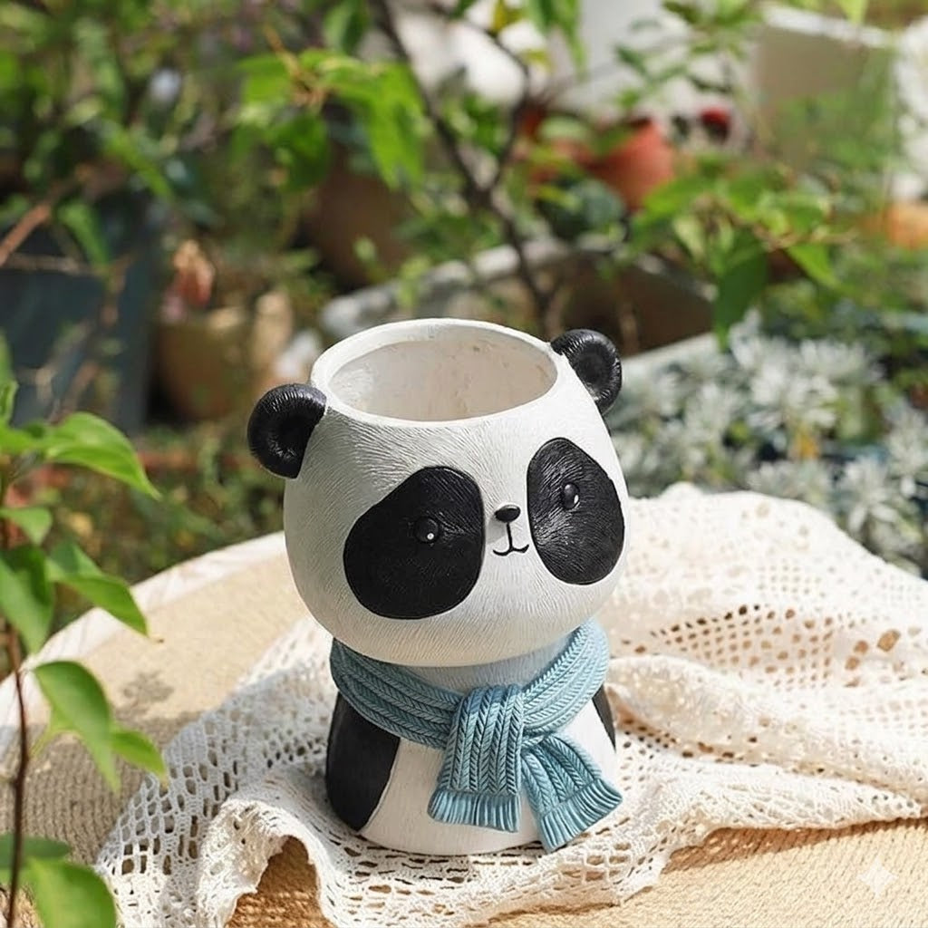Cute Panda Resin Flower Pot - Large Animal Planter with Green Scarf (Plants not included)