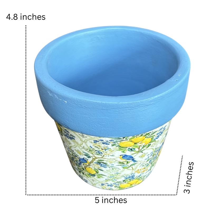 Terracotta Pot - Lemon and Bird Print - Vibrant Plant Pot - For Indoor/Outdoor Decor, For Plants, Flowers, And Herbs Blue