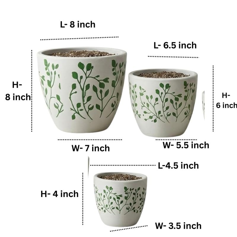 Hand-Painted Botanical Terracotta Planter Set – Set of 3 Cream & Green Leaf Pattern Decorative Pots for Indoor & Outdoor Plants