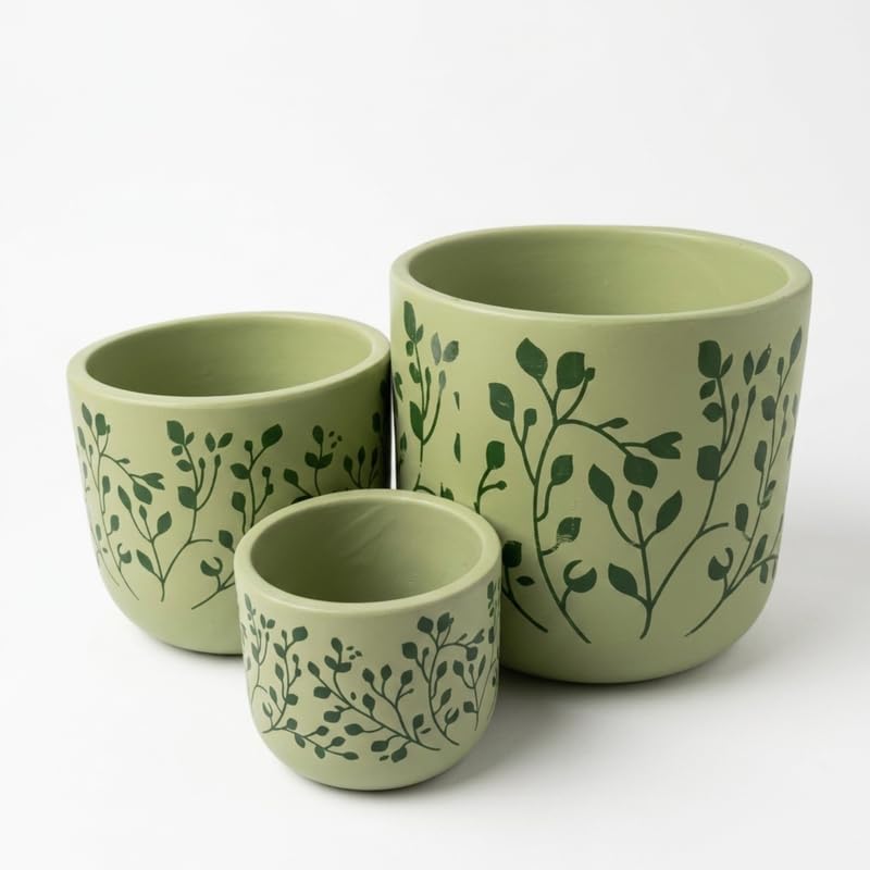 Botanical Leaf Hand-Painted Terracotta Planter Set –