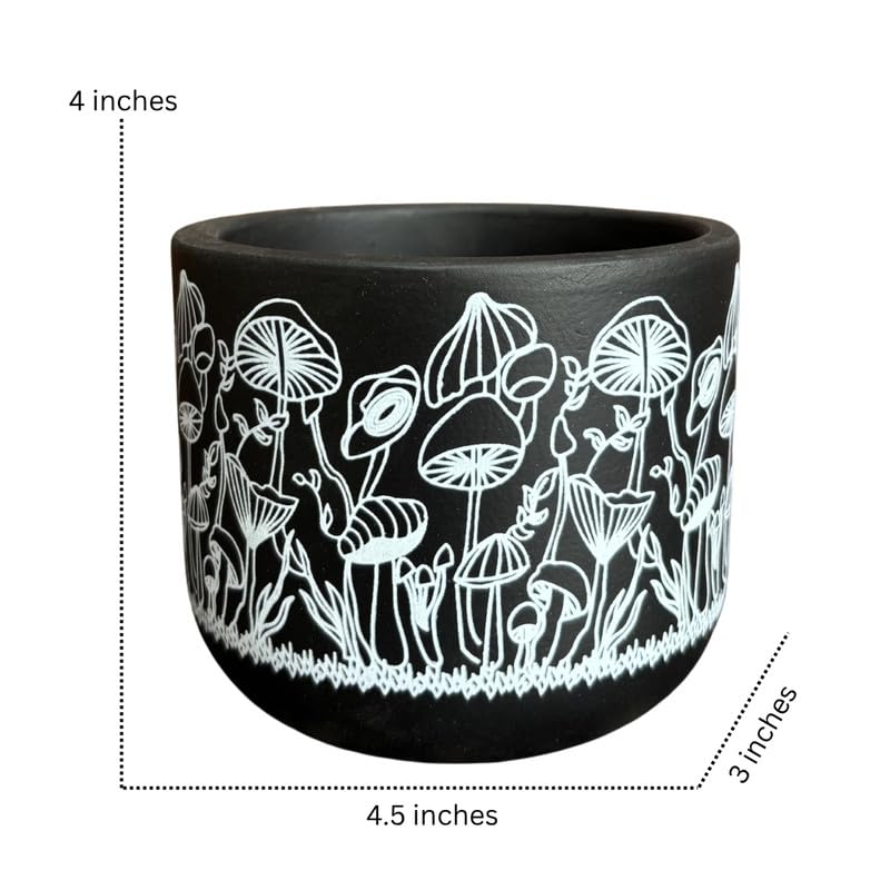 Terracotta Pot - Mushroom Forest Print - Whimsical Plant Pot - For Indoor/Outdoor Decor, For Plants, Flowers, And Herbs Black