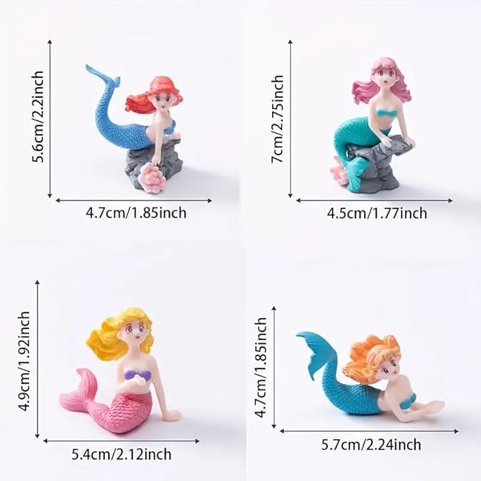 Wonderland 4-Pack Miniature Mermaid Figurines Set - Colorful Resin Decor for Fairy Garden, Dollhouse, and Terrariums
