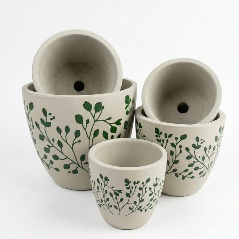 Hand-Painted Botanical Terracotta Planter Set – Set of 3 Cream & Green Leaf Pattern Decorative Pots for Indoor & Outdoor Plants
