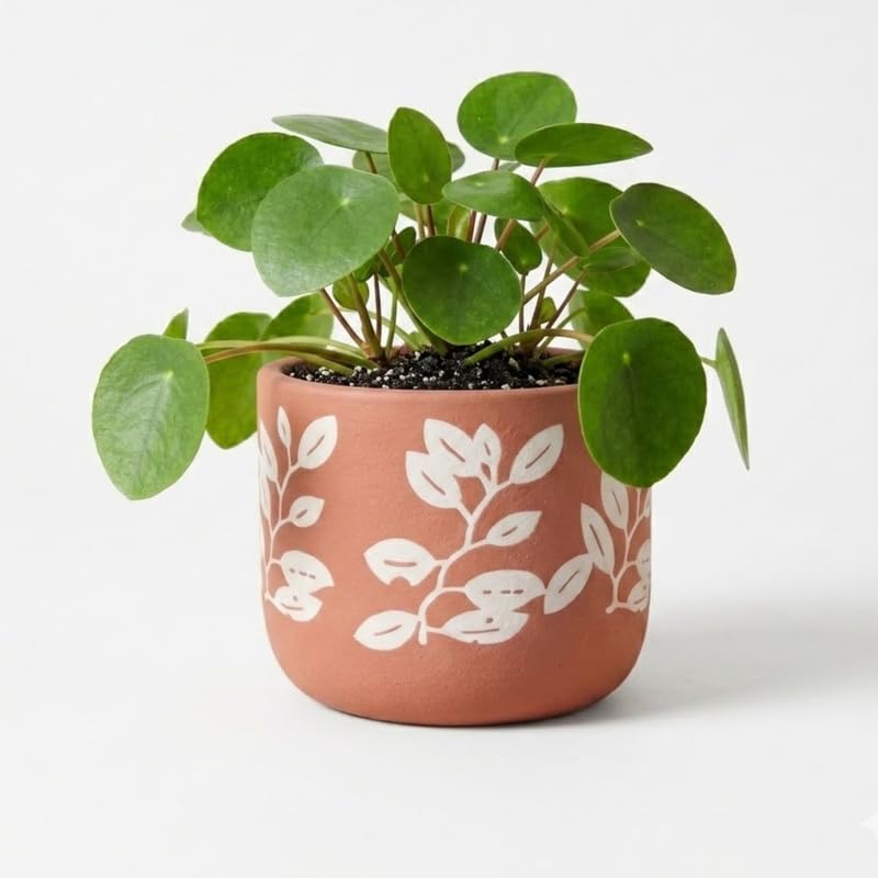 4.3-Inch Hand-Painted Terracotta Planter - White Leaf Botanical Cylinder Pot for Succulents, Cacti, and Modern Home Decor