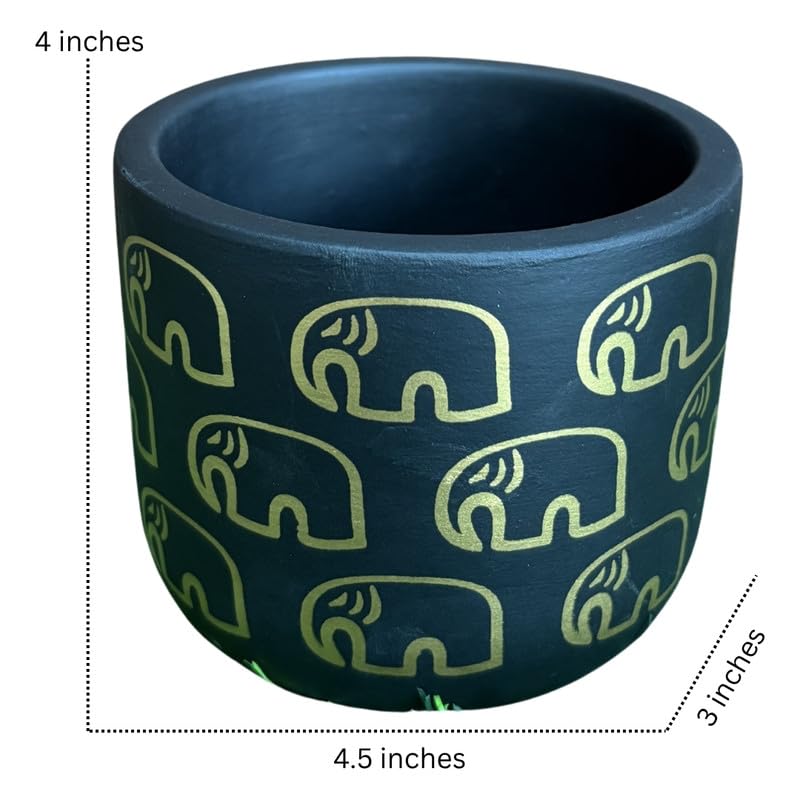 Terracoota Pot - Elephant Print - Cute Plant Pot - For Indoor/Outdoor Decor, For Plants, Flowers, And Herbs (Black)
