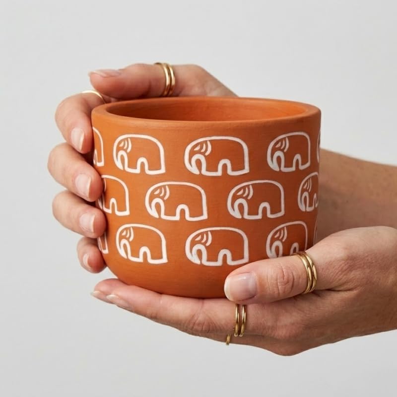 4-Inch Hand-Painted Terracotta Elephant Planter – Small  Round Clay Pot for Succulents and Cacti – Rustic Indoor Garden Decor