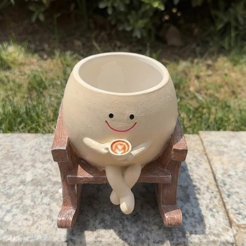 Wonderland Whimsical Smiling Sitting Rocking Chair Planter – Cute Face Flower Pot with Coffee Cup Accent for Succulents and Small Plants-