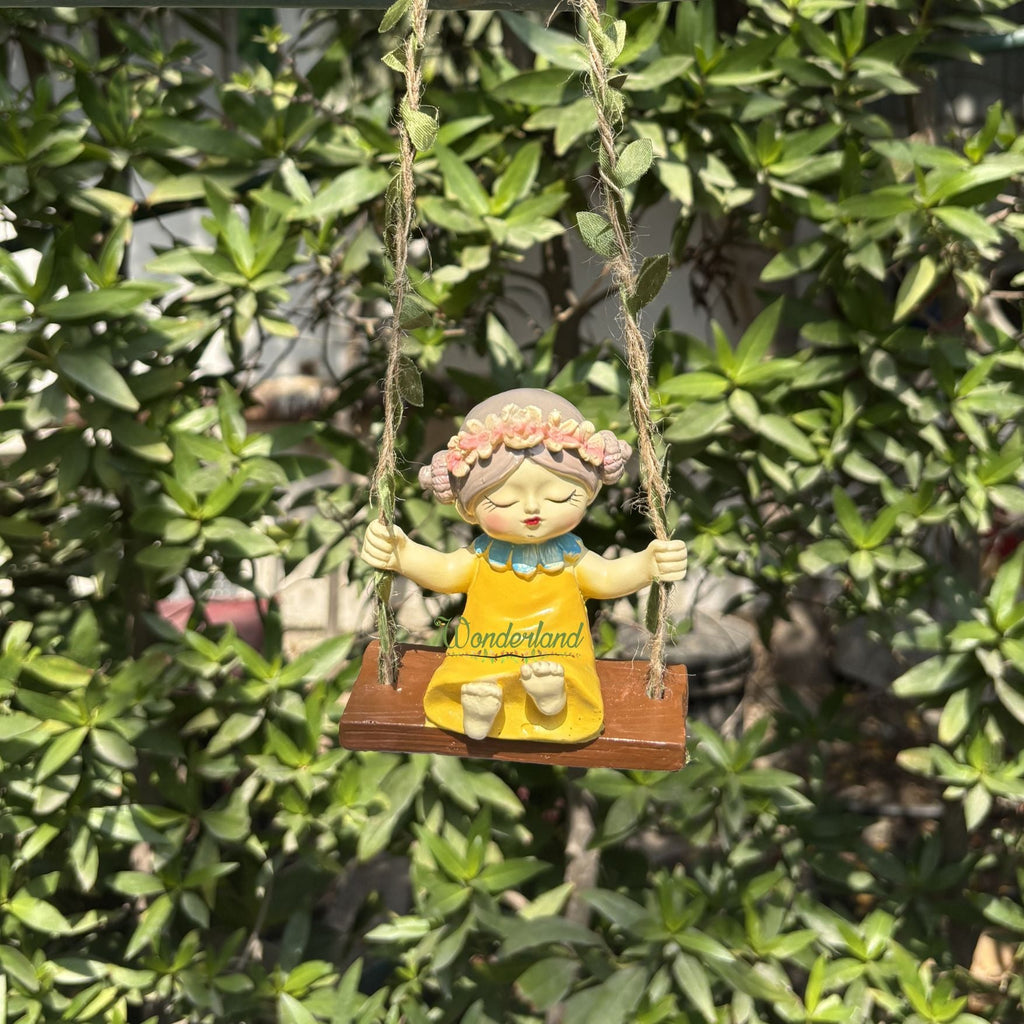 Whimsical Garden Fairy Girl on Swing (yellow)