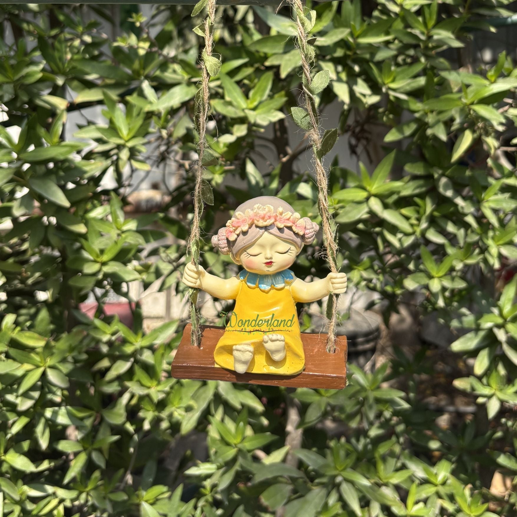 Whimsical Garden Fairy Girl on Swing (yellow)