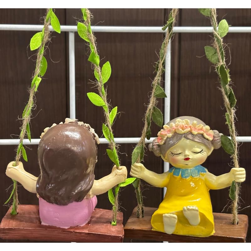 Garden Fairies on Hanging Swings – Set of 2- Pink & Yellow- 3.5x2.1x3.6inch