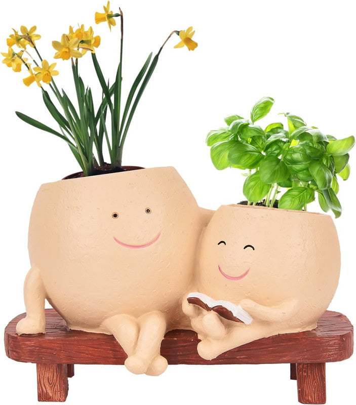 Wonderland Double Smiling Friends Succulent Pot – Whimsical Twin Character Planter for Mini Cactus & Indoor Greenery, Happy Home & Office Decor