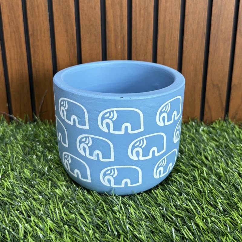 Terracotta Pot - Elephant Print - Cute Plant Pot - For Indoor/Outdoor Decor, For Plants, Flowers, And Herbs (Blue)