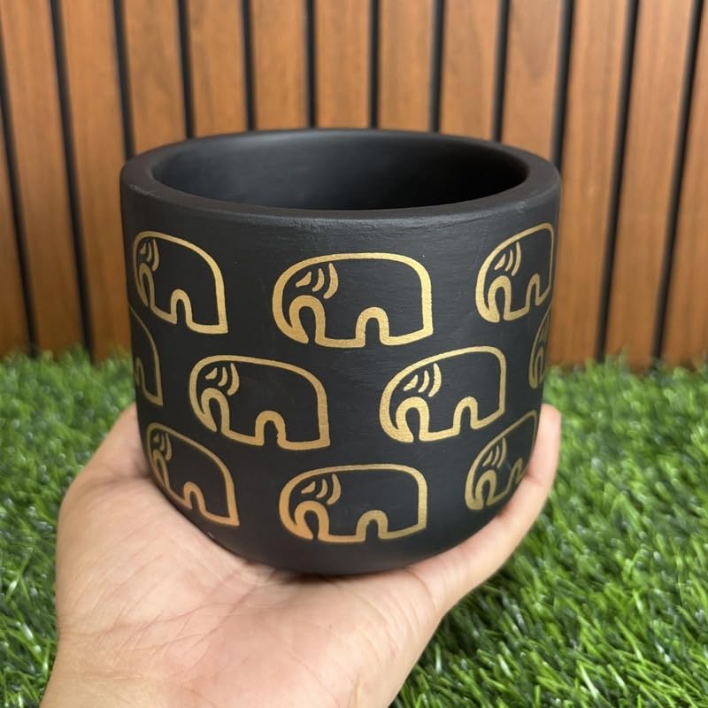 Terracoota Pot - Elephant Print - Cute Plant Pot - For Indoor/Outdoor Decor, For Plants, Flowers, And Herbs (Black)