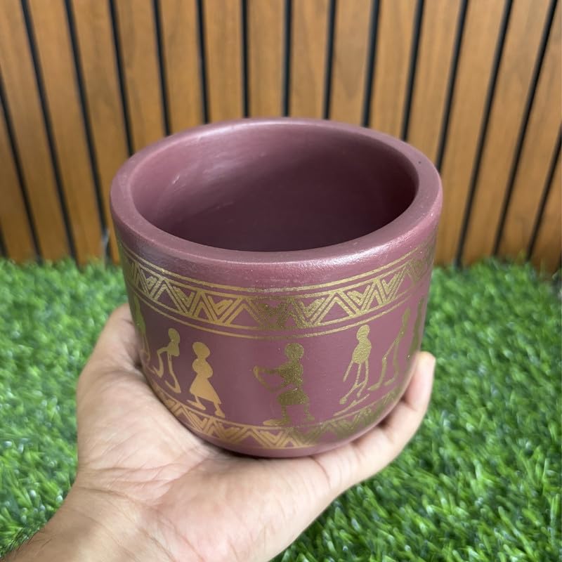 Terracotta Pot - Tribal Art Design - Decorative Plant Pot - For Indoor/Outdoor Decor, For Plants, Flowers, And Herbs Maroon