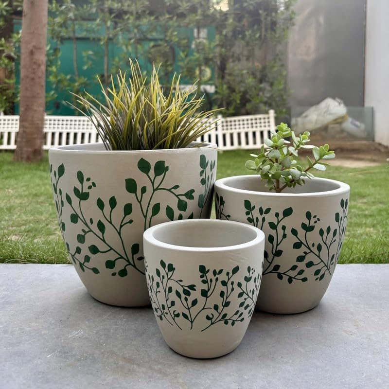 Hand-Painted Botanical Terracotta Planter Set – Set of 3 Cream & Green Leaf Pattern Decorative Pots for Indoor & Outdoor Plants