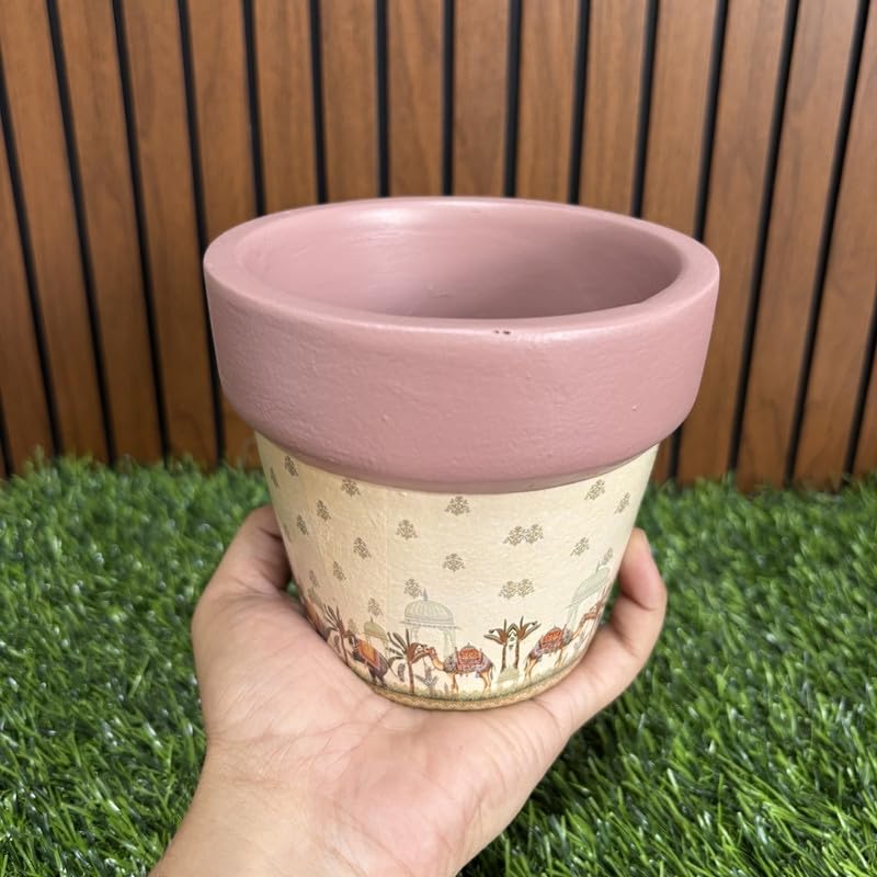 Terracotta Pot - Mughal Elephant Print - Aesthetic Plant Pots - For Indoor/Outdoor Decor, For Plants, Flowers, And Herbs (Brown)