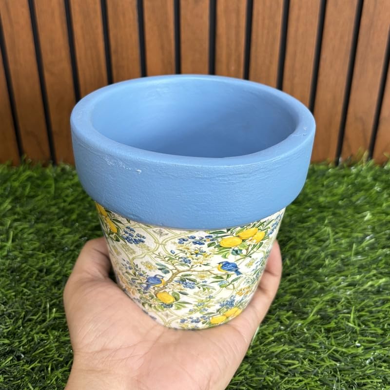 Terracotta Pot - Lemon and Bird Print - Vibrant Plant Pot - For Indoor/Outdoor Decor, For Plants, Flowers, And Herbs Blue