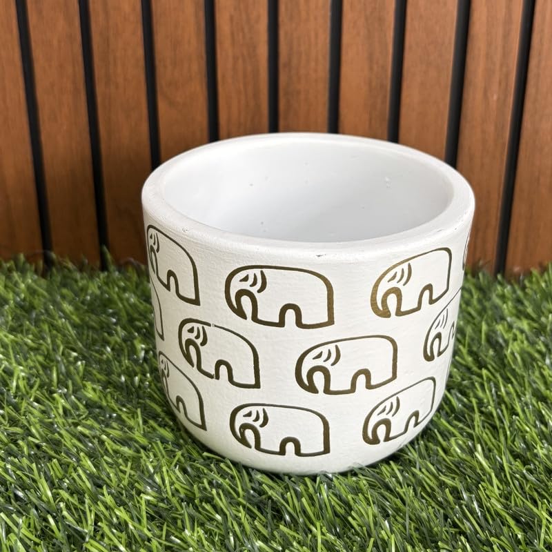 terracotta Pot - Elephant Print - Cute Plant Pot - For Indoor/Outdoor Decor, For Plants, Flowers, And Herbs (White)