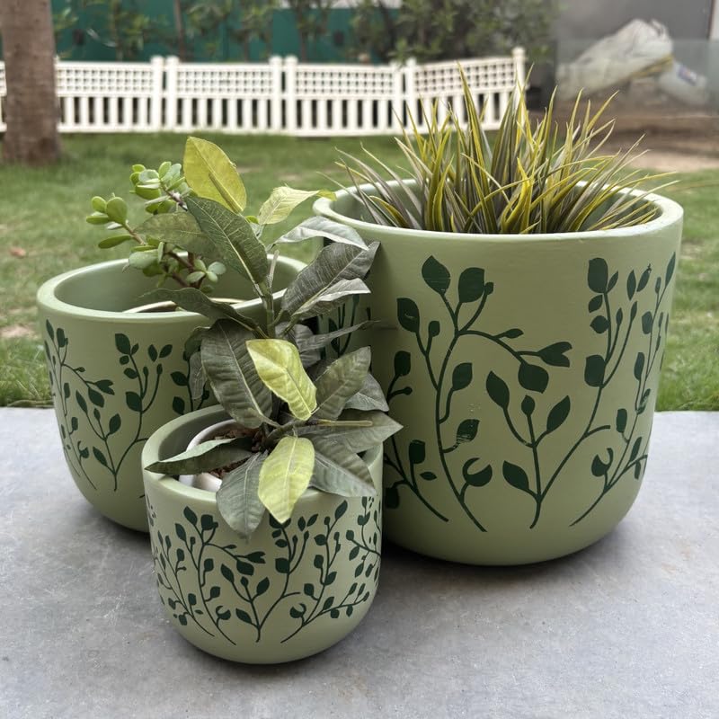 Botanical Leaf Hand-Painted Terracotta Planter Set –