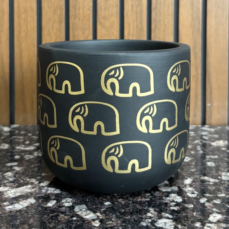 Terracoota Pot - Elephant Print - Cute Plant Pot - For Indoor/Outdoor Decor, For Plants, Flowers, And Herbs (Black)
