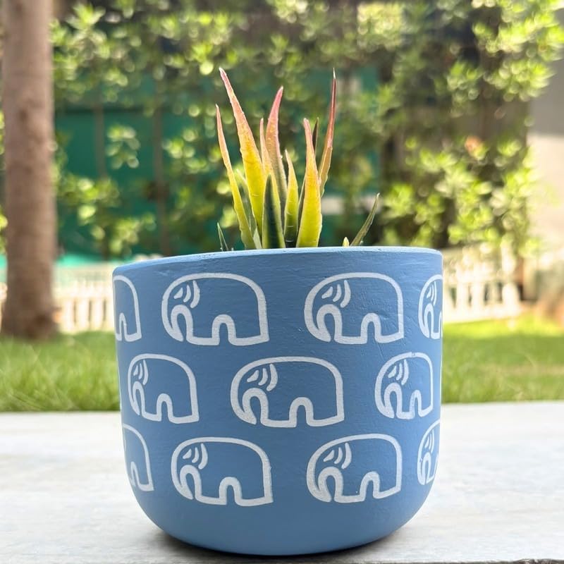 Terracotta Pot - Elephant Print - Cute Plant Pot - For Indoor/Outdoor Decor, For Plants, Flowers, And Herbs (Blue)