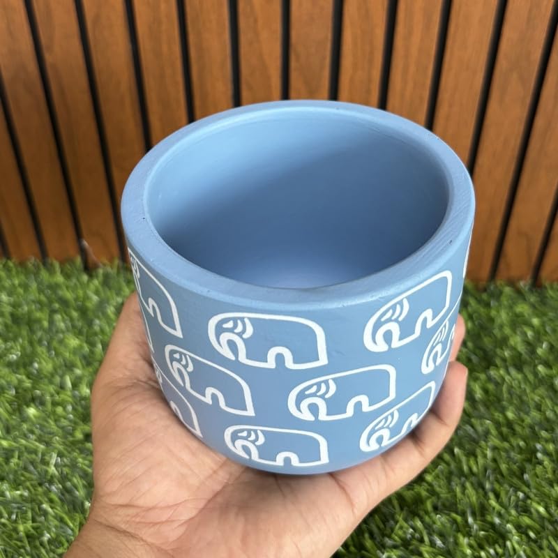 Terracotta Pot - Elephant Print - Cute Plant Pot - For Indoor/Outdoor Decor, For Plants, Flowers, And Herbs (Blue)