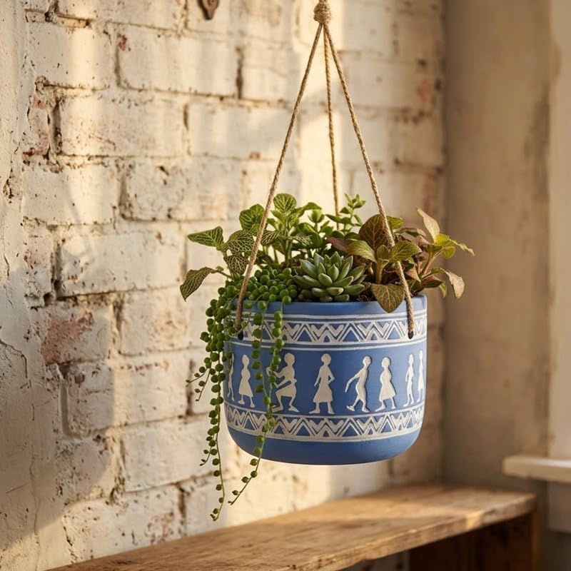 Blue Hanging Planter-Cute Plant Pot - For Indoor/Outdoor Decor, For Plants, Flowers, And Herbs White