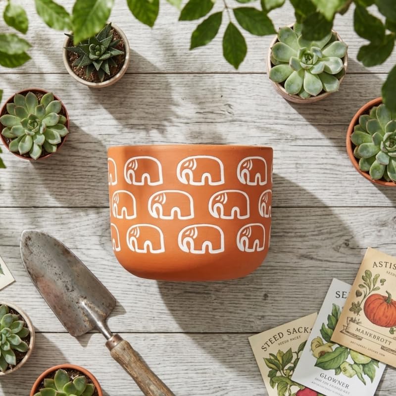 4-Inch Hand-Painted Terracotta Elephant Planter – Small  Round Clay Pot for Succulents and Cacti – Rustic Indoor Garden Decor
