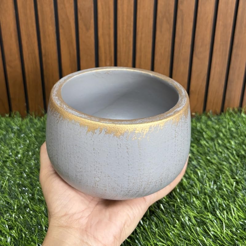 Terracotta Pot - Distressed Gold Rim - Modern Aesthetic Planter - For Indoor/Outdoor Decor, For Plants, Flowers, And Herbs (Grey)