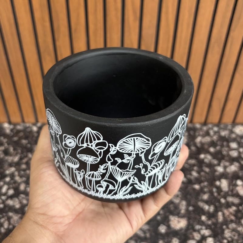 Terracotta Pot - Mushroom Forest Print - Whimsical Plant Pot - For Indoor/Outdoor Decor, For Plants, Flowers, And Herbs Black