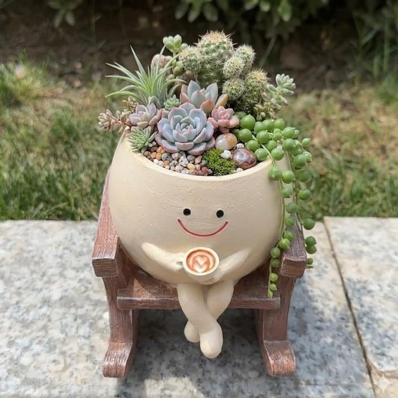 Wonderland Whimsical Smiling Sitting Rocking Chair Planter – Cute Face Flower Pot with Coffee Cup Accent for Succulents and Small Plants-