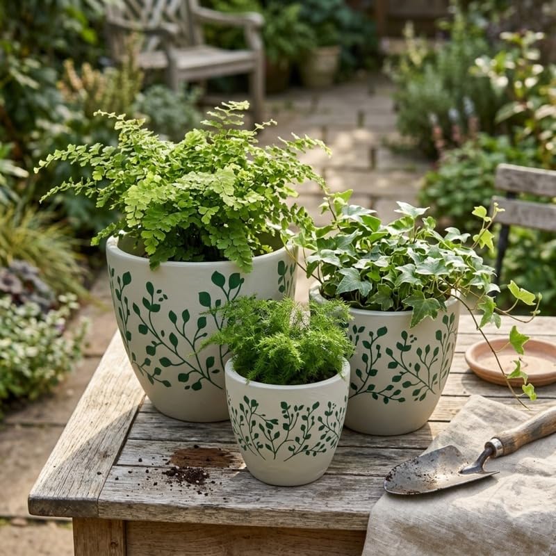 Hand-Painted Botanical Terracotta Planter Set – Set of 3 Cream & Green Leaf Pattern Decorative Pots for Indoor & Outdoor Plants