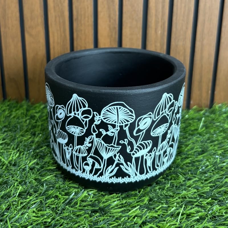 Terracotta Pot - Mushroom Forest Print - Whimsical Plant Pot - For Indoor/Outdoor Decor, For Plants, Flowers, And Herbs Black